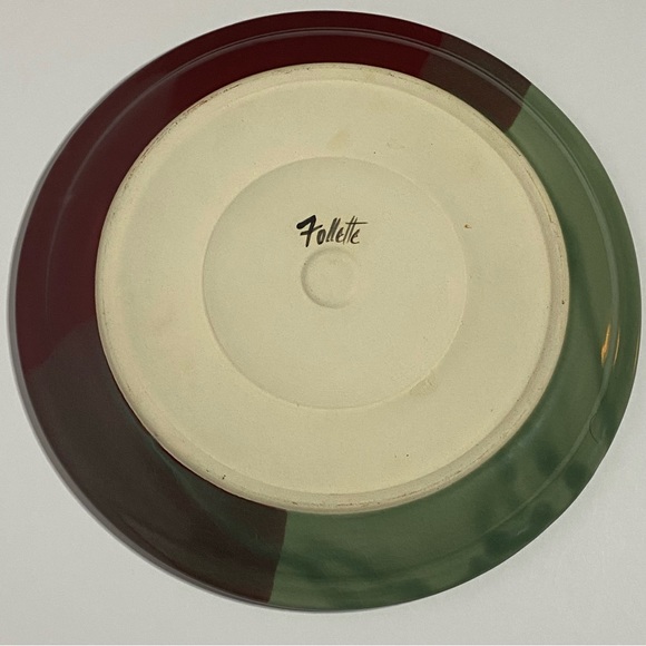 Follette Pottery Signed Bread And Oil Dipping Plate Burgundy Green 10.5" Round - Picture 2 of 5